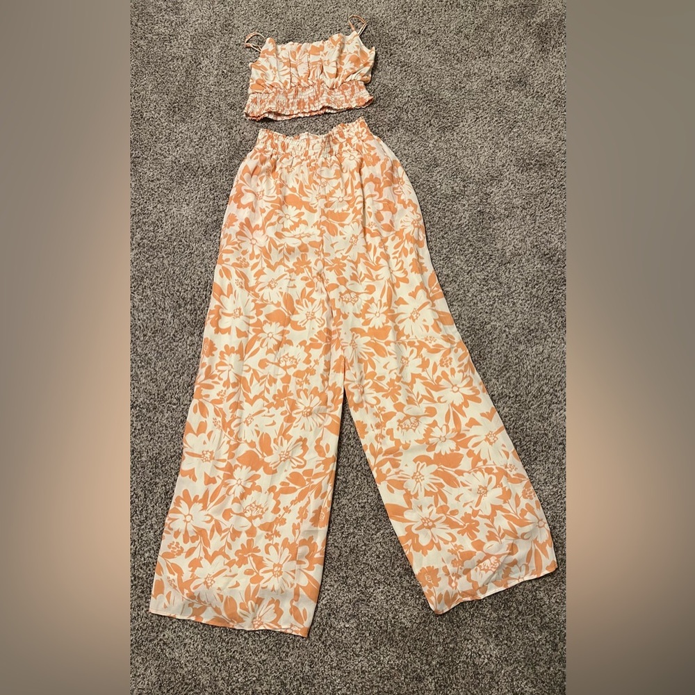 Pink Lily Floral High Waist pants Set - Orange and Cream